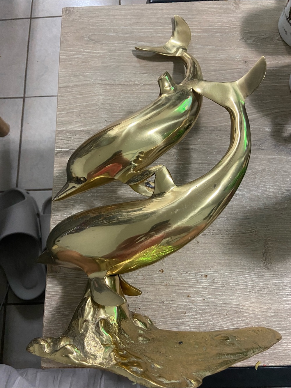 Vintage Large Brass Dolphin Statue Sculpture Nautical Sea Decor 14.5" Tall